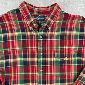 Vintage Ralph Lauren Flannel Shirt Mens L Long Sleeve Red Colorful‎ Plaid Preppy